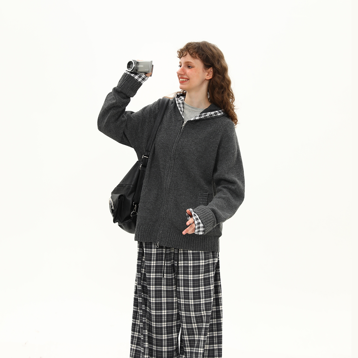 復古慵懶風格紋拼接針織衫毛衣女早秋雙拉鍊開衫外套