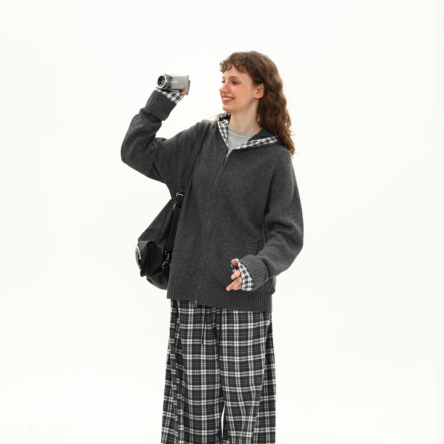 復古慵懶風格紋拼接針織衫毛衣女早秋雙拉鍊開衫外套