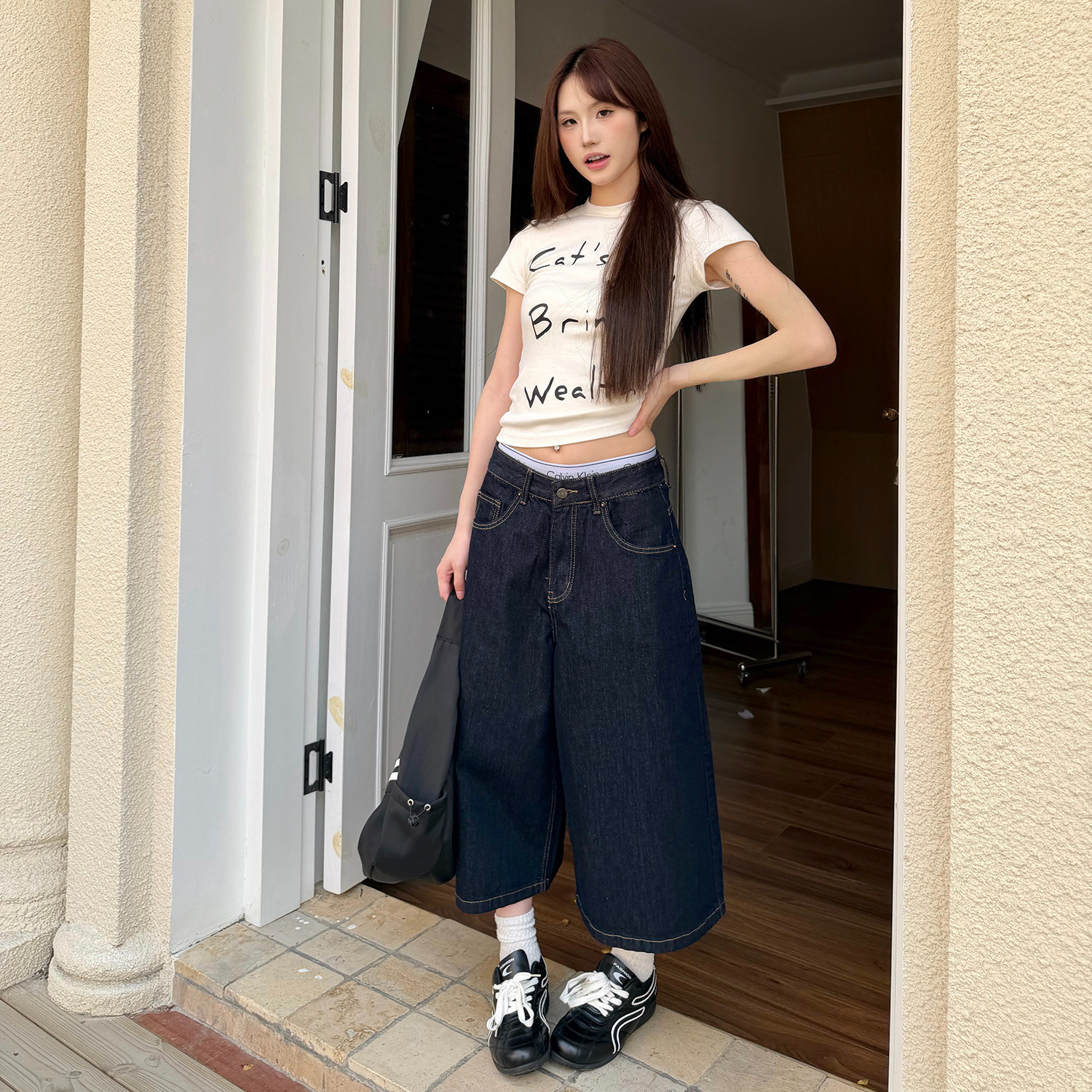 原牛深藍色牛仔褲女七分褲2026夏季新款美式潮流直筒褲