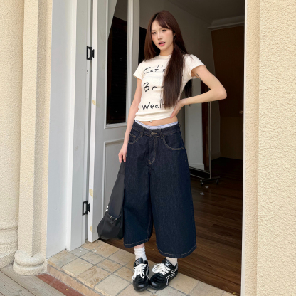 原牛深藍色牛仔褲女七分褲2026夏季新款美式潮流直筒褲