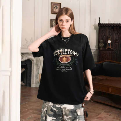 美式復古漸變印花短袖T恤女夏季新款寬鬆休閒體恤