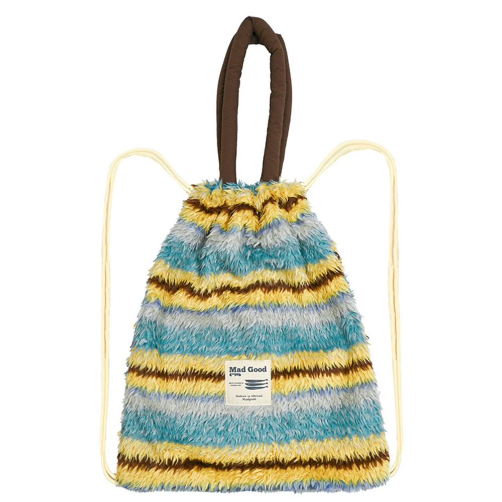 日系彩色條紋撞色短毛提花束口單雙肩包