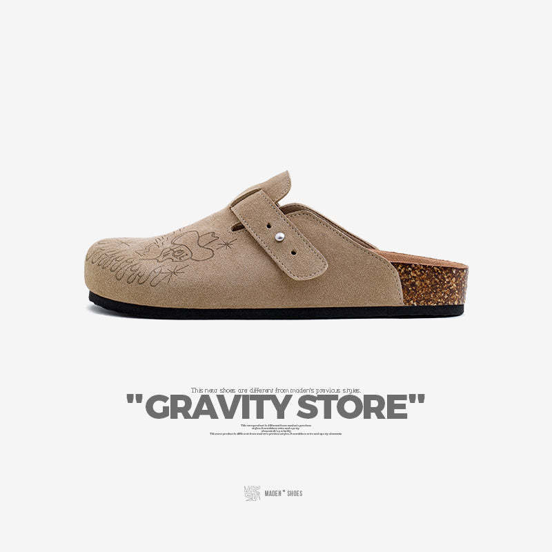 馬登女裝 插畫版穆勒鞋室外軟木休閒包頭凉拖鞋外穿釣魚懶人厚底鞋夏女