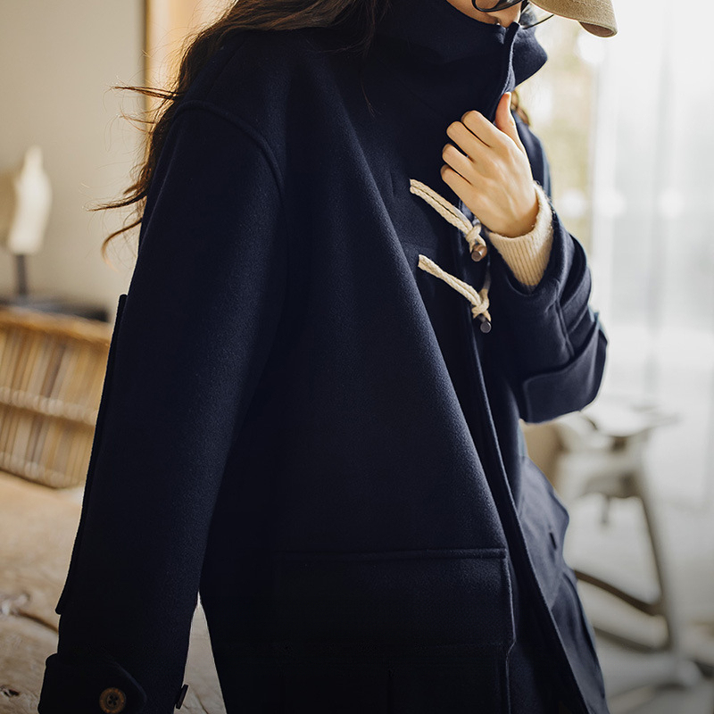 馬登女裝 復古學院風牛角扣毛呢大衣中長款寬鬆通勤連帽厚外套冬季女
