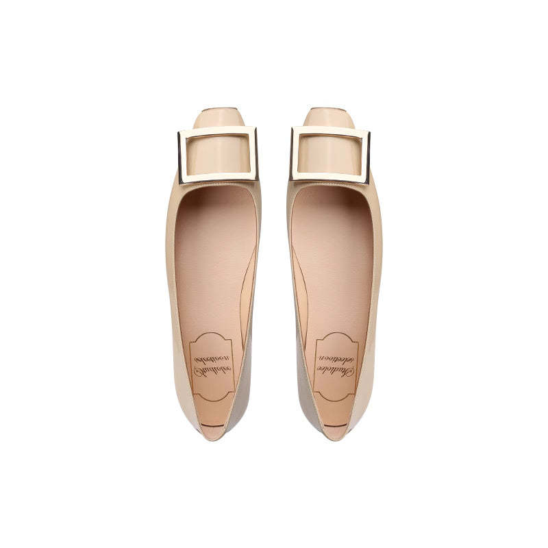 經典方扣小方頭淺口高跟鞋女夏粗跟平底通勤單鞋