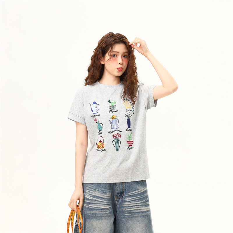 美式復古盆栽刺繡設計感正肩短袖T恤女短寬版小飛袖上衣