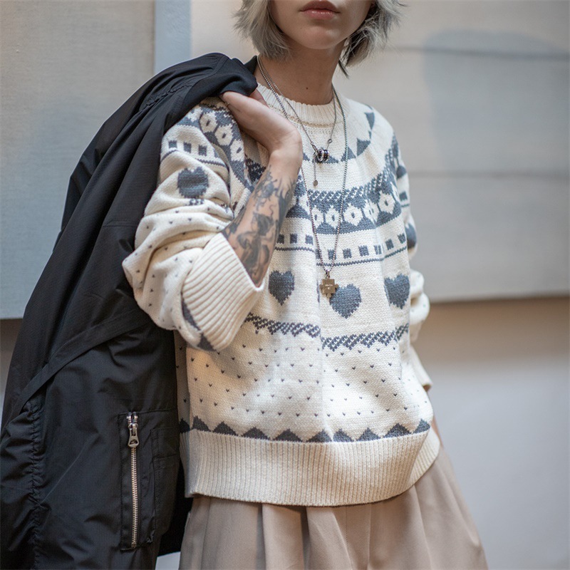 馬登女裝 復古費爾島提花毛衣氛圍感秋冬針織衫保暖上衣打底衣女