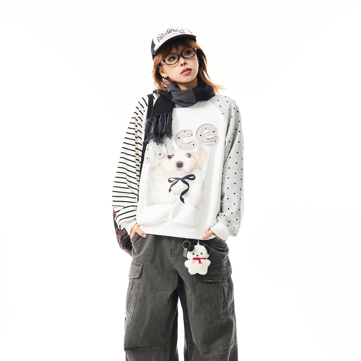 美式小狗印花拼接加絨衛衣女秋冬休閒百搭加厚圓領套頭上衣
