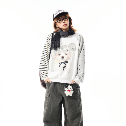 美式小狗印花拼接加絨衛衣女秋冬休閒百搭加厚圓領套頭上衣