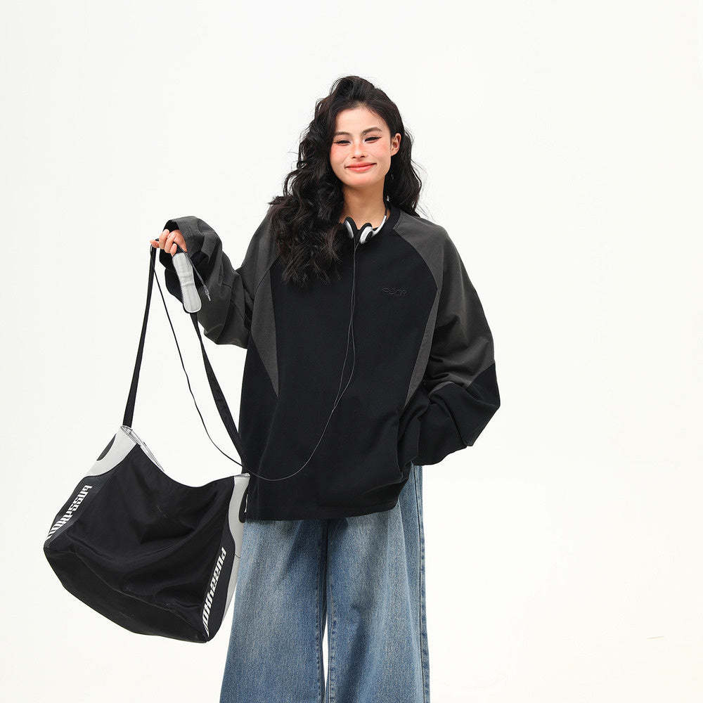 美式復古拼接撞色高級感長袖衛衣女寬鬆潮流上衣