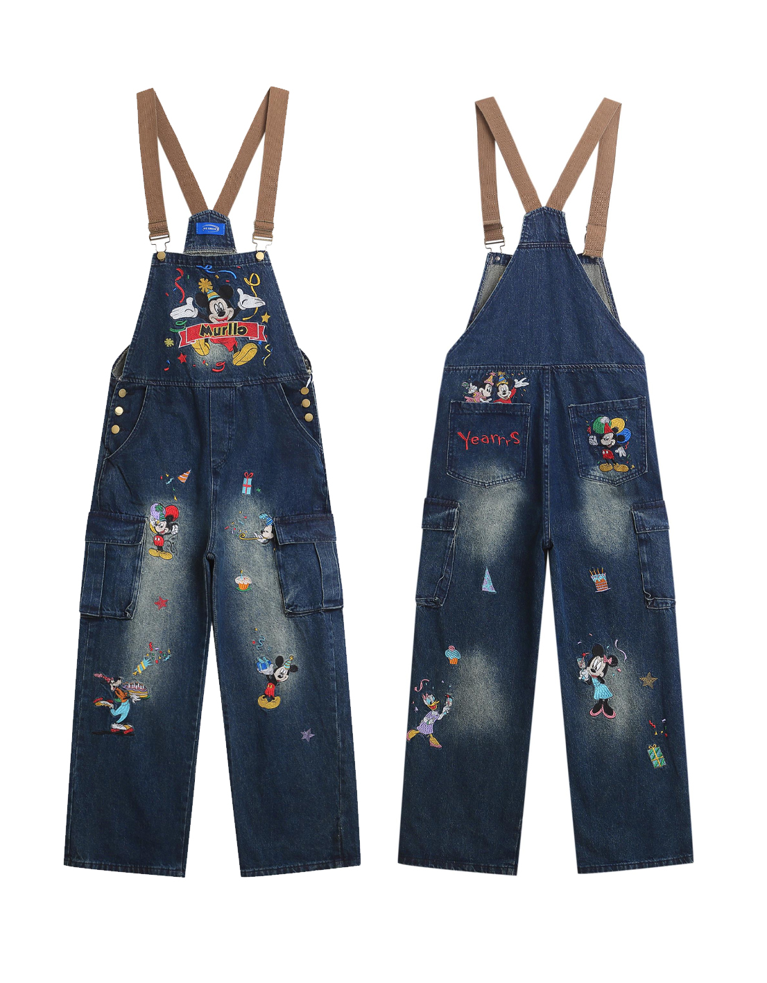 美式卡通米奇刺繡背帶褲女夏季寬鬆vibe連體拖地牛仔褲