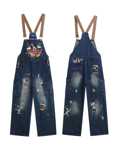 美式卡通米奇刺繡背帶褲女夏季寬鬆vibe連體拖地牛仔褲