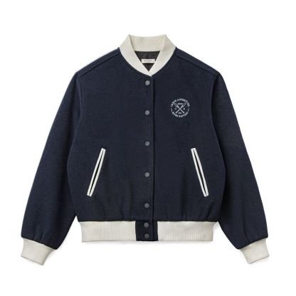 馬登女裝 美式學院風棒球服夾克復古撞色刺繡外套百搭毛呢短上衣春秋女