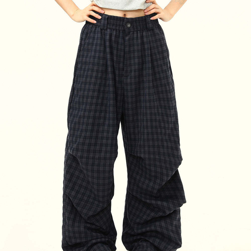 美式復古褶皺寬鬆垂感格子褲女設計感潮流百搭休閒褲子