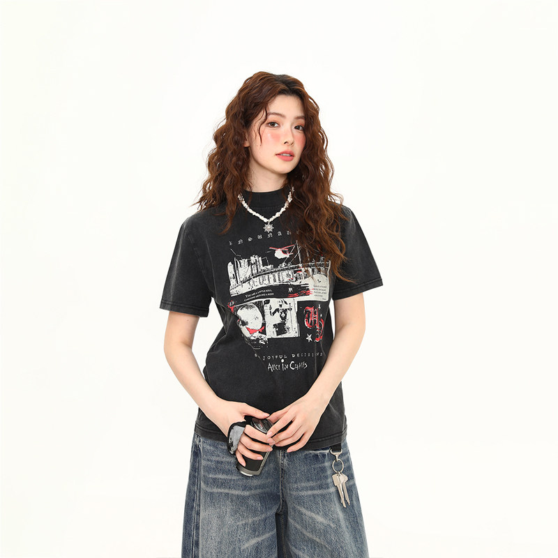 正肩T恤女美式復古印花水洗做舊微寬鬆短款顯瘦短袖