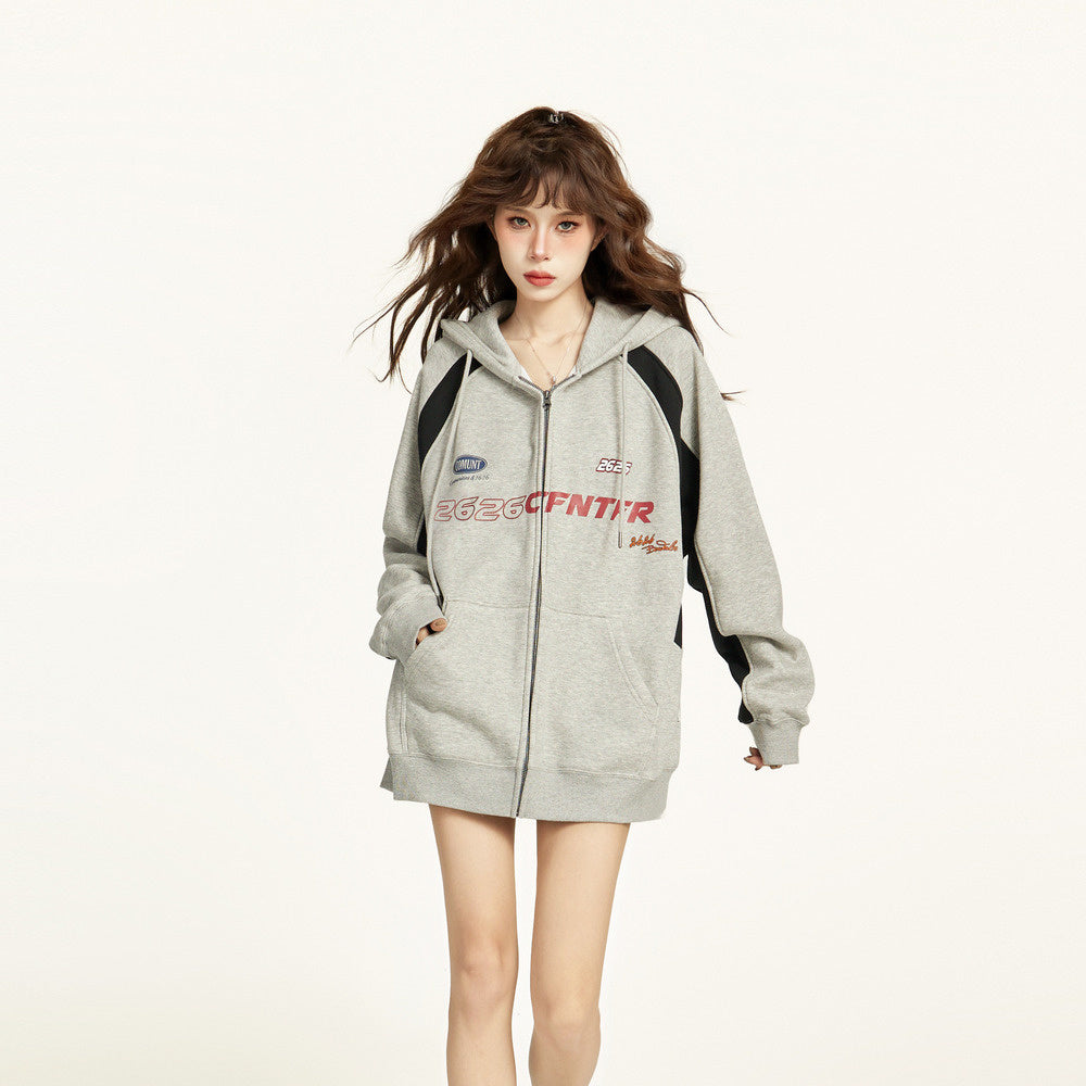 美式灰色拉鍊連帽衛衣外套女秋冬寬鬆慵懶風加絨加厚開衫