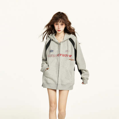 美式灰色拉鍊連帽衛衣外套女秋冬寬鬆慵懶風加絨加厚開衫