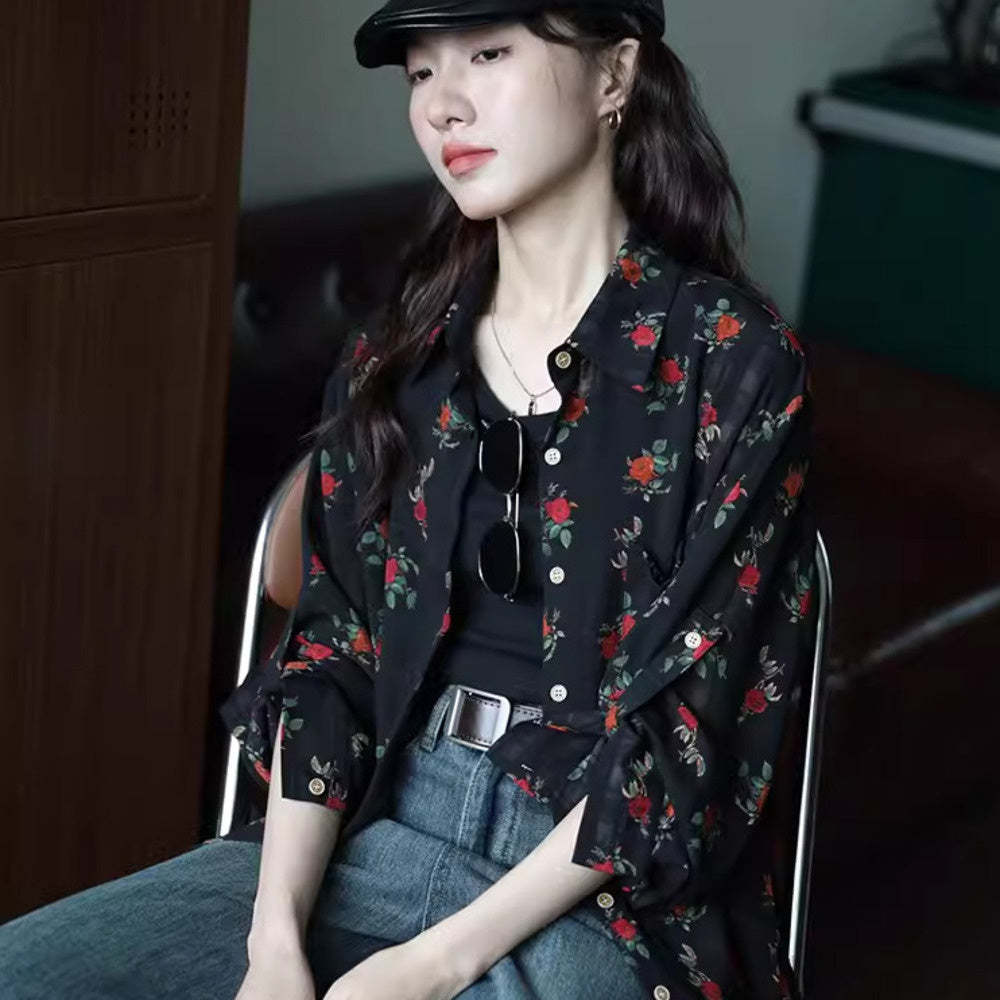 杏色玫瑰花氣質翻領簡約復古港風設計感短袖襯衫女夏季顯瘦上衣