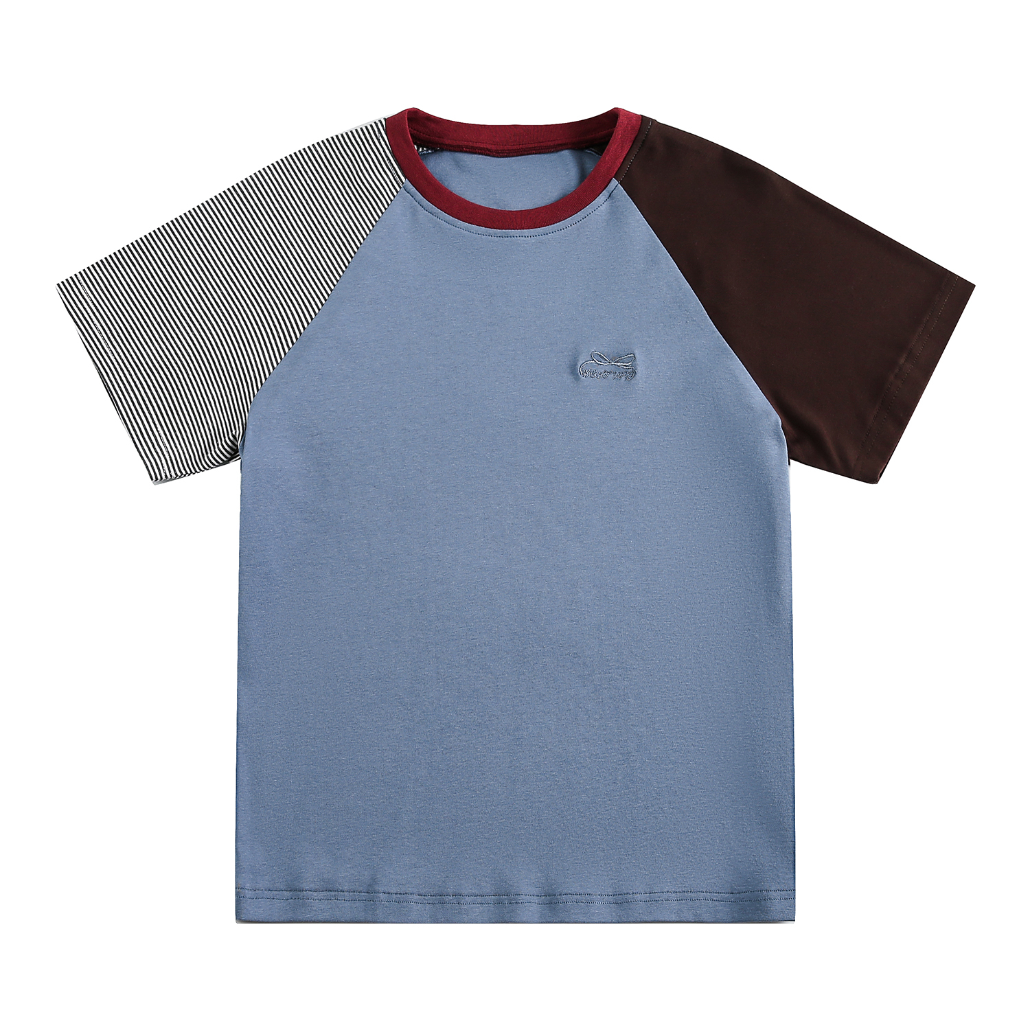 撞色拼接條紋短袖女t恤夏蝴蝶結刺繡上衣設計感小眾