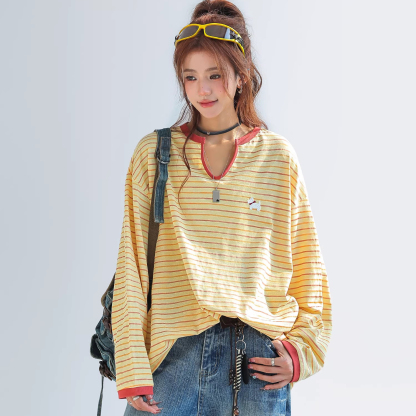 小馬刺繡撞色拼接條紋長袖t恤女設計感小眾V領上衣春