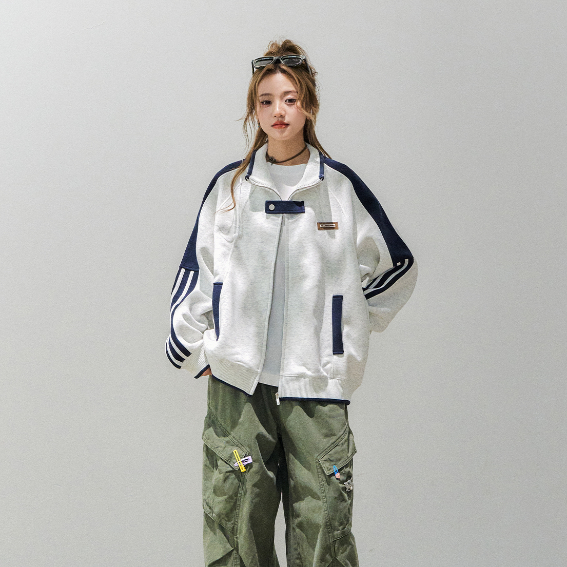 重磅400G拼接立領外套女款秋季美式慵懶chic休閒夾克