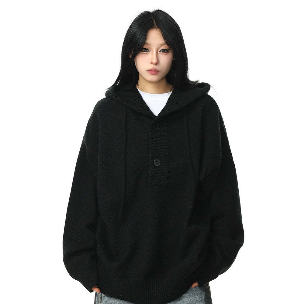 冬季新品復古高級感灰色連帽毛衣女加厚重磅慵懶風針織衫