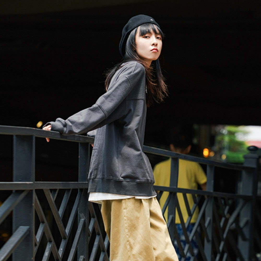 早秋小個子街頭毛圈拼接寬鬆衛衣女套頭圓領休閒上衣