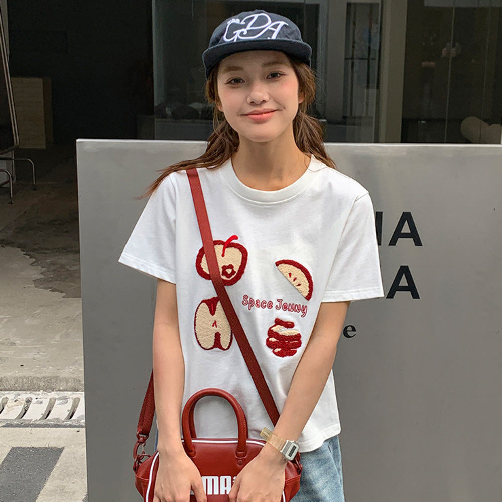 簡約蘋果毛巾繡修身短袖t恤女夏2025新款圓領正肩上衣