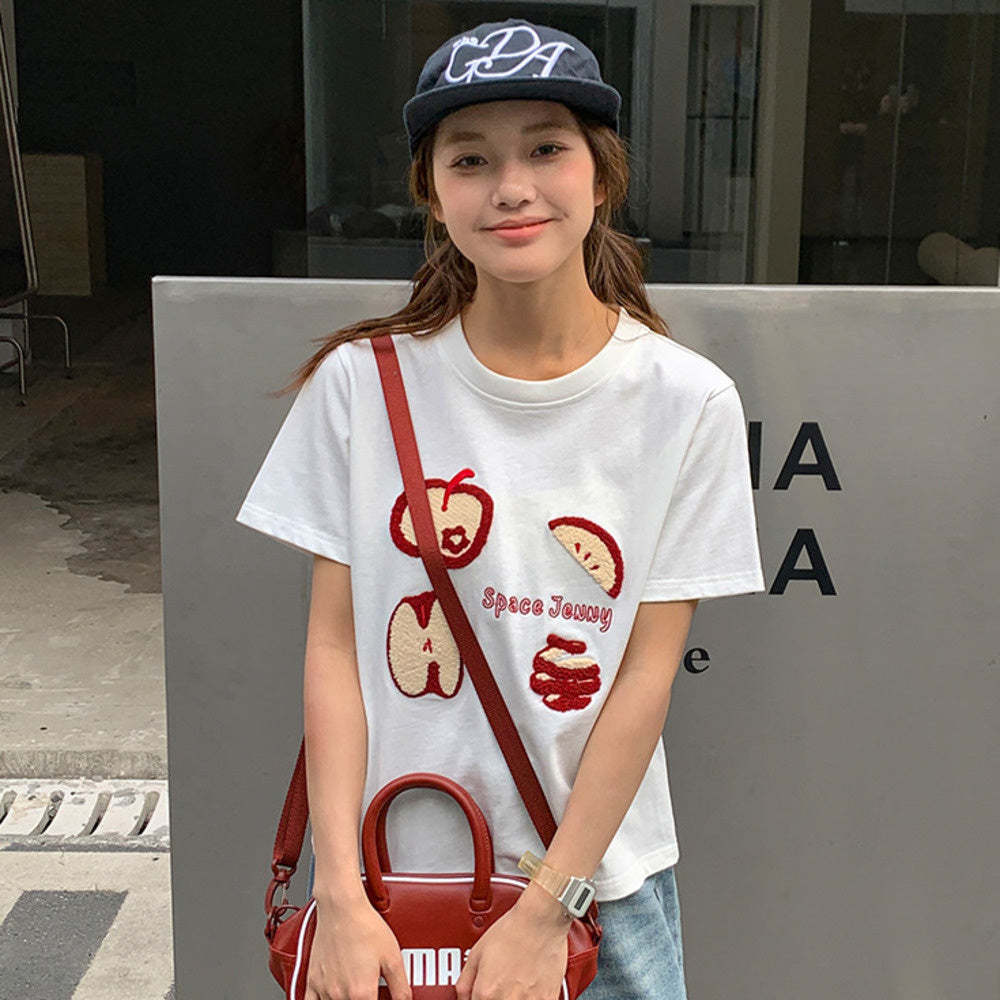 簡約蘋果毛巾繡修身短袖t恤女夏2025新款圓領正肩上衣