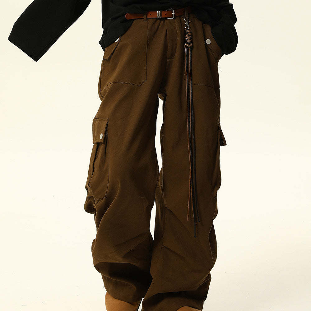 美式復古美拉德深棕色工裝褲女褶皺設計寬鬆拖地休閒褲