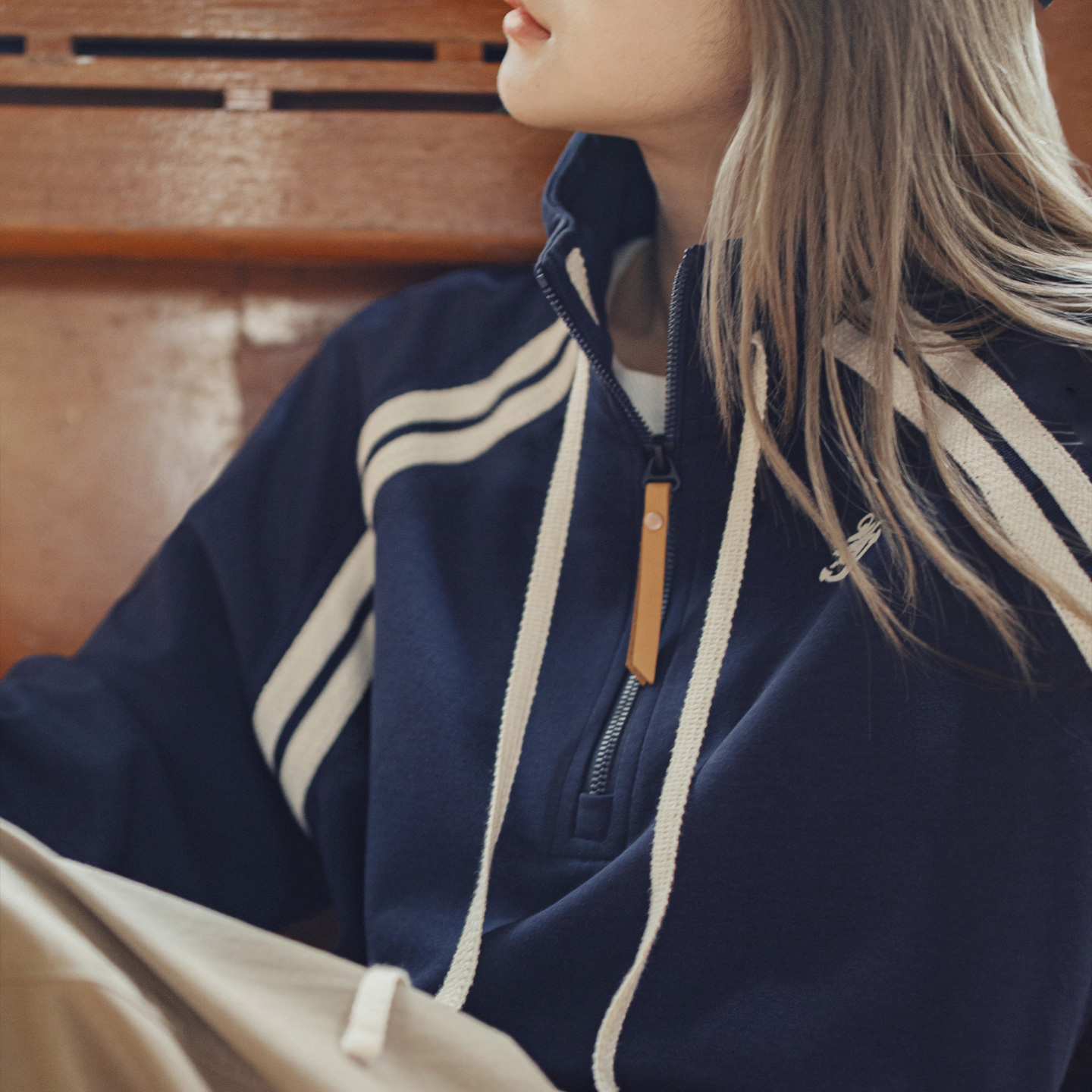 美式復古學院風藏青色半拉鍊立翻高領套頭長袖無帽衛衣女士秋