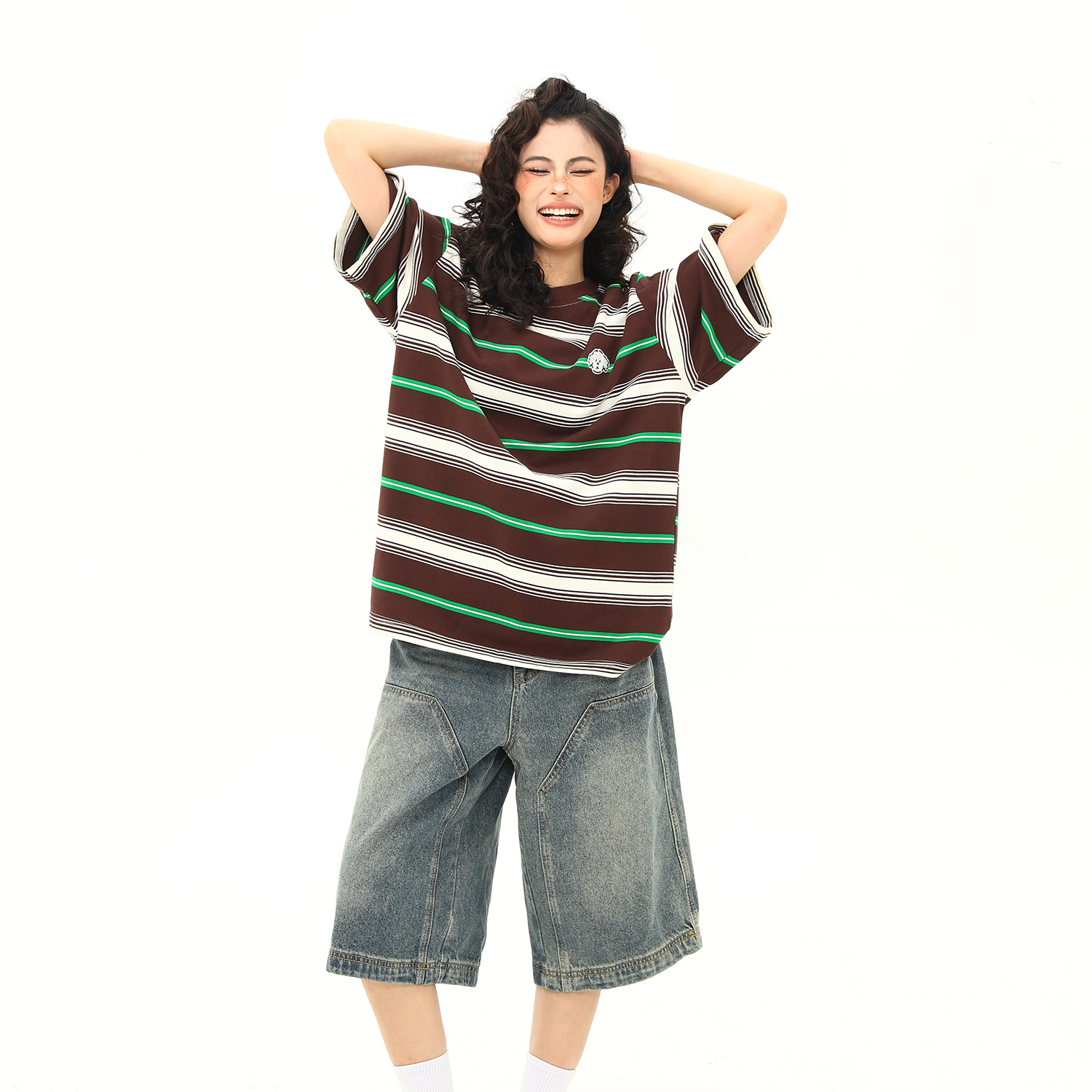 美式復古撞色條紋短袖T恤女夏季寬鬆百搭學院風圓領上衣