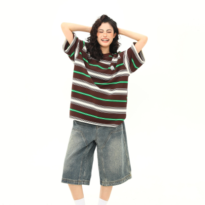 美式復古撞色條紋短袖T恤女夏季寬鬆百搭學院風圓領上衣