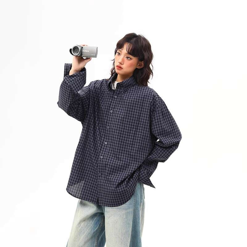 美式復古高級感藍色格子襯衫女寬鬆休閒百搭外穿襯衣