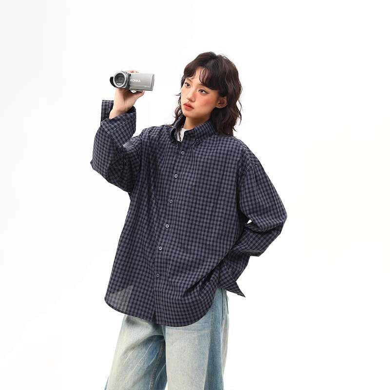 美式復古高級感藍色格子襯衫女寬鬆休閒百搭外穿襯衣