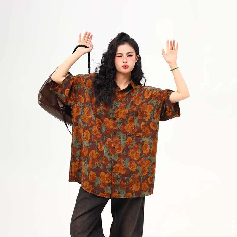古著感花卉復古短袖襯衫女夏季凉感個性潮牌寬鬆襯衣
