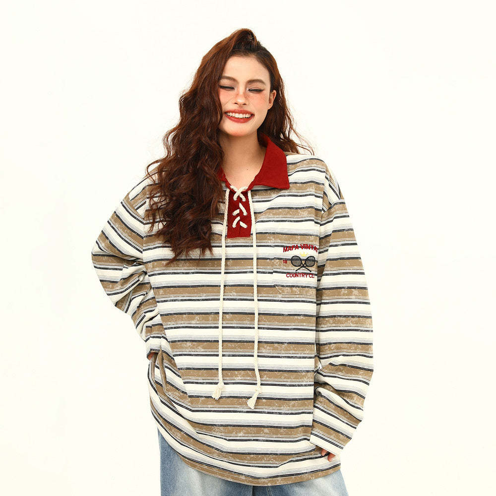 秋季新款美式復古條紋長袖T恤女撞色氛圍感休閒上衣