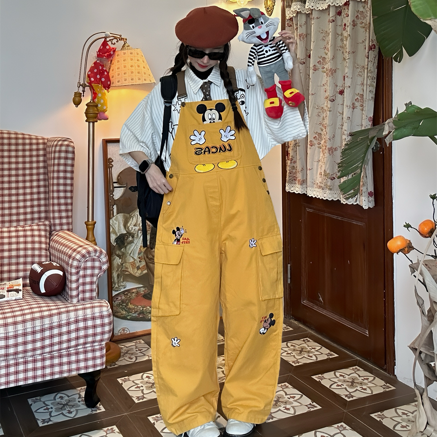 古著風米奇復古休閒背帶褲女寬鬆bf美式黃色闊腿連體長褲春秋