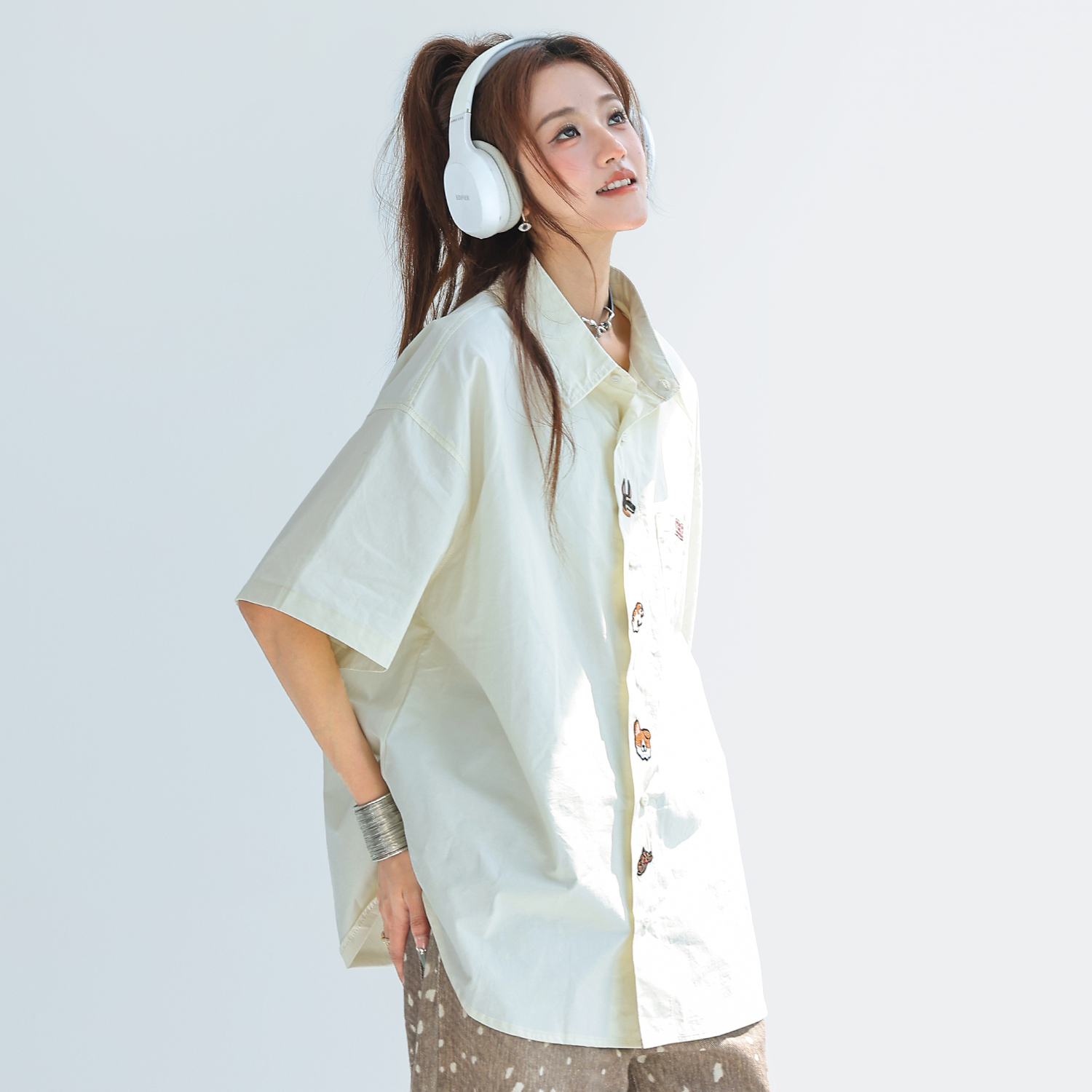 可愛小狗刺繡短袖襯衫女夏季輕薄防曬襯衣外搭開衫