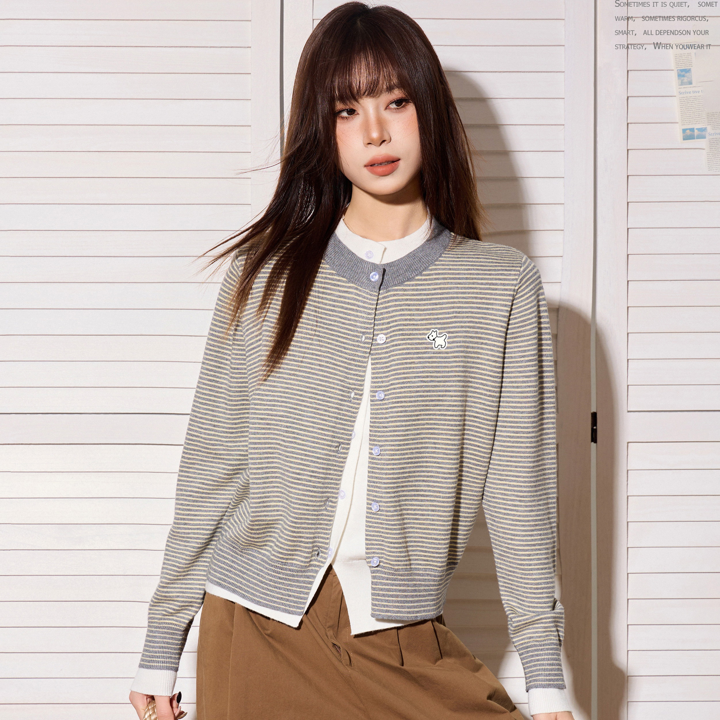 美式灰色條紋假兩件長袖針織開衫毛衣女秋冬短款內搭打底外套上衣