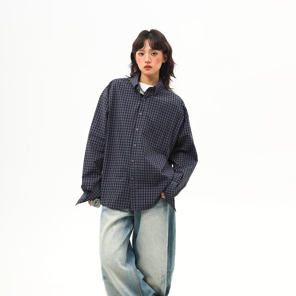 美式復古高級感藍色格子襯衫女寬鬆休閒百搭外穿襯衣
