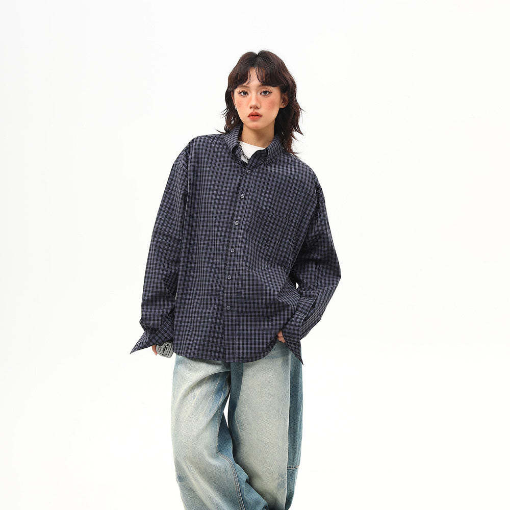 美式復古高級感藍色格子襯衫女寬鬆休閒百搭外穿襯衣
