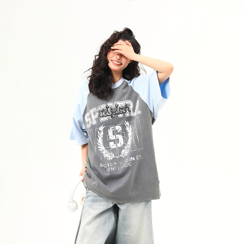 水洗重磅美式撞色插肩短袖T恤女夏季寬鬆百搭潮牌tee