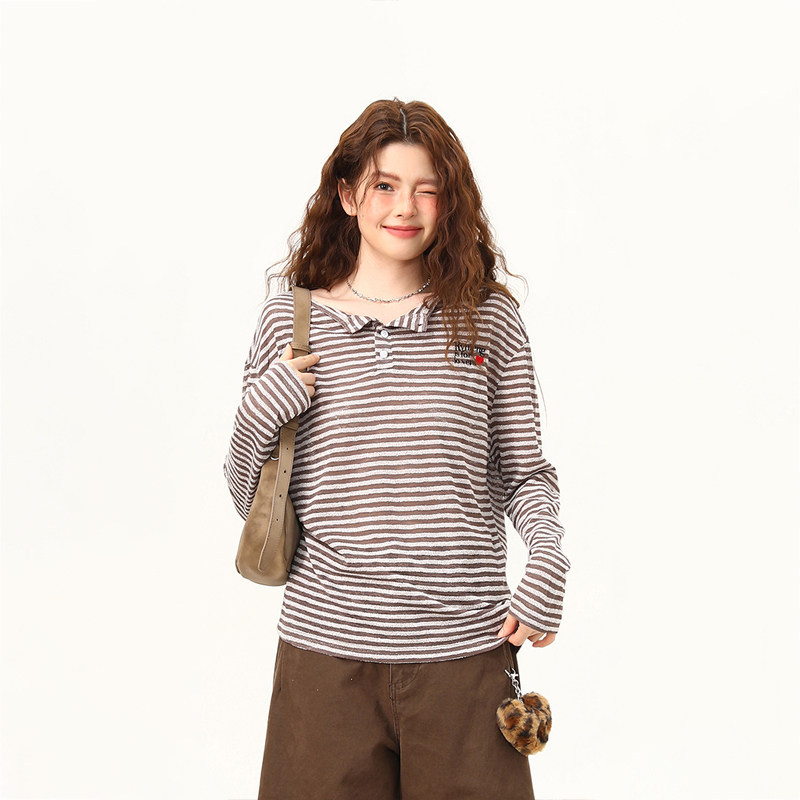 春夏新款復古條紋長袖T恤女一字肩慵懶風薄款防曬罩衫女