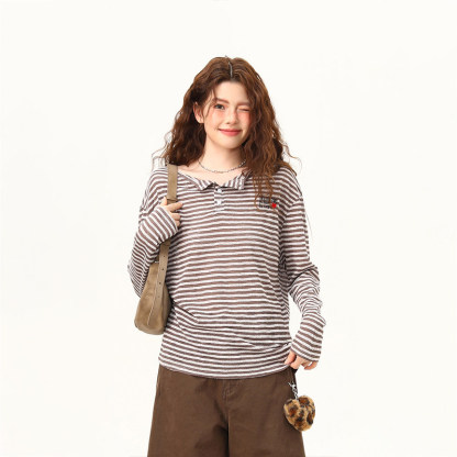 春夏新款復古條紋長袖T恤女一字肩慵懶風薄款防曬罩衫女