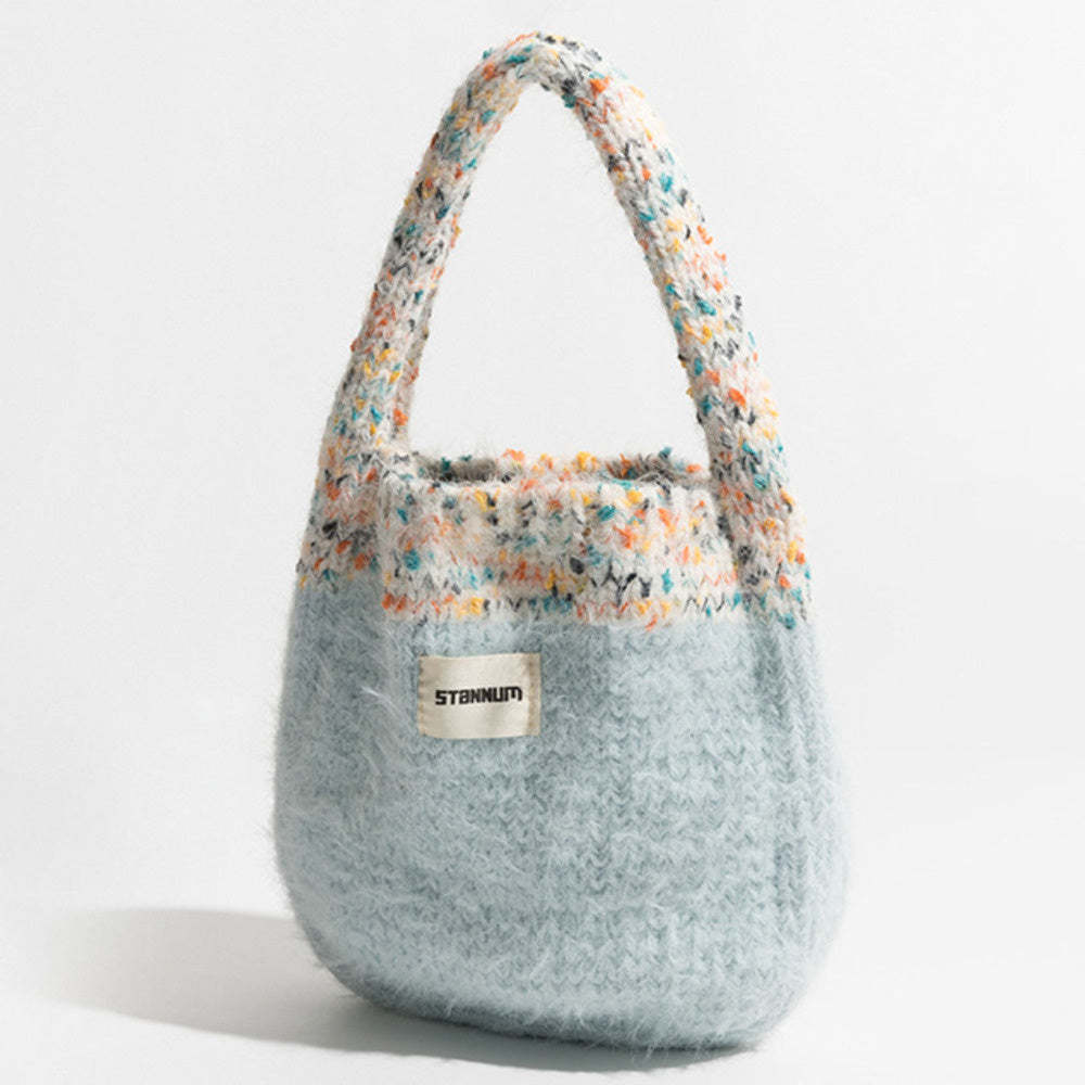 針織包可愛拼接撞色毛線手提包毛茸百搭手拎手機包