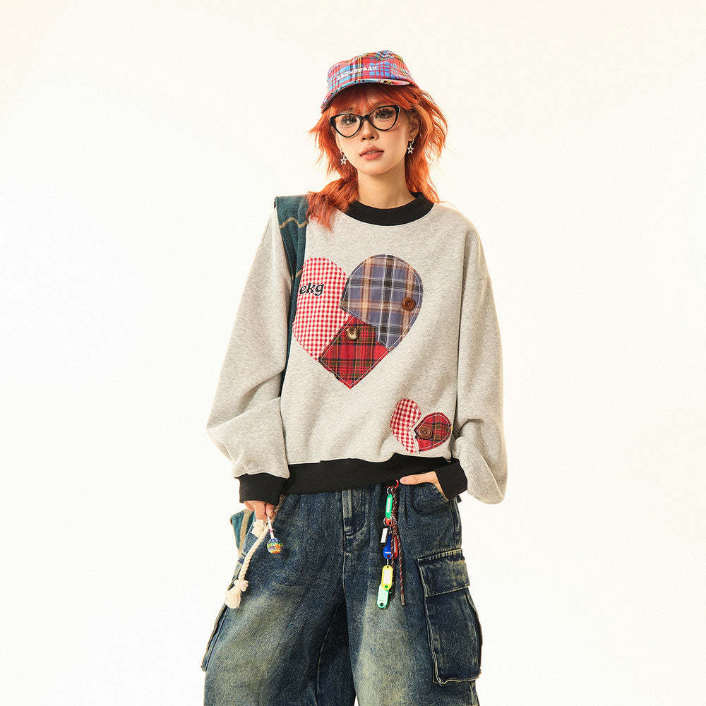 美式復古格子愛心貼布圓領衛衣女秋冬設計感寬鬆休閒上衣