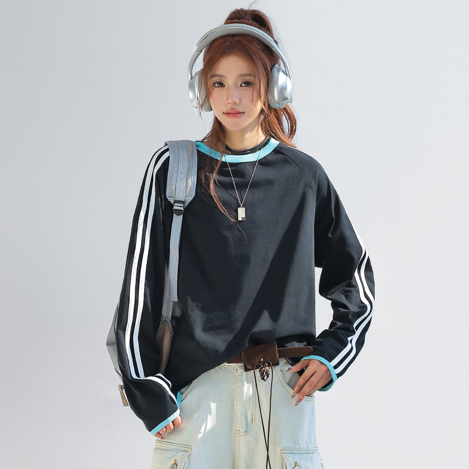 美式復古撞色拼接條紋長袖t恤女索羅娜圓領寬鬆上衣