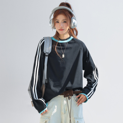 美式復古撞色拼接條紋長袖t恤女索羅娜圓領寬鬆上衣