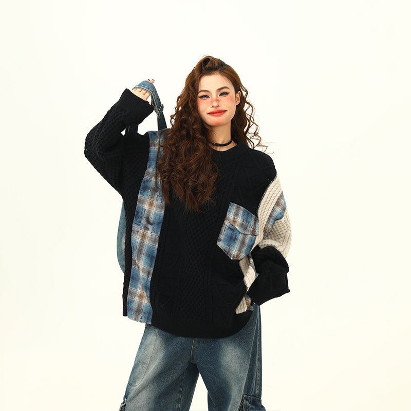 美式街頭拼接設計感毛衣女秋冬寬鬆慵懶嘻哈麻花針織衫